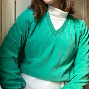 Vintage 80s Velour V-Neck Sweatshirt in Teal Green